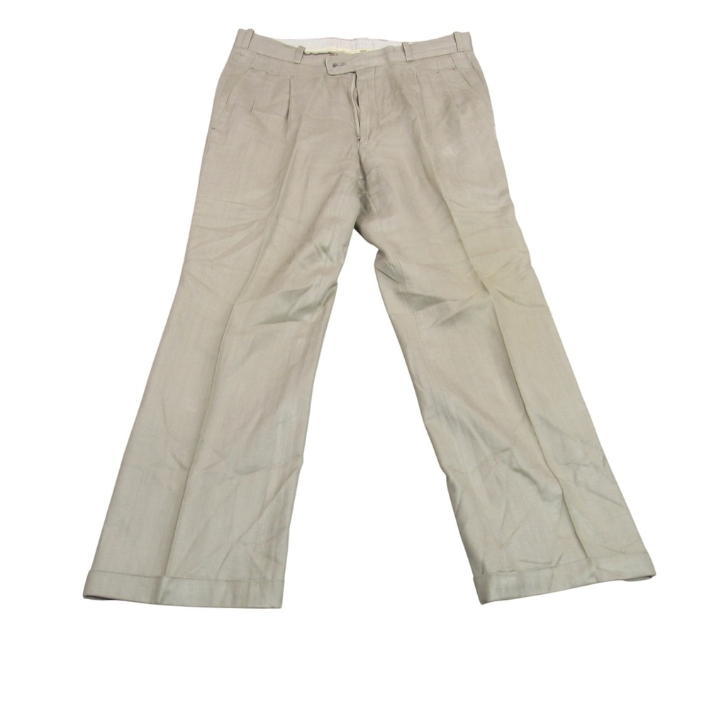 Feldini Mens 100% Silk Herringbone Pleated Dress Pants Taupe Cuffed‎ 35x27